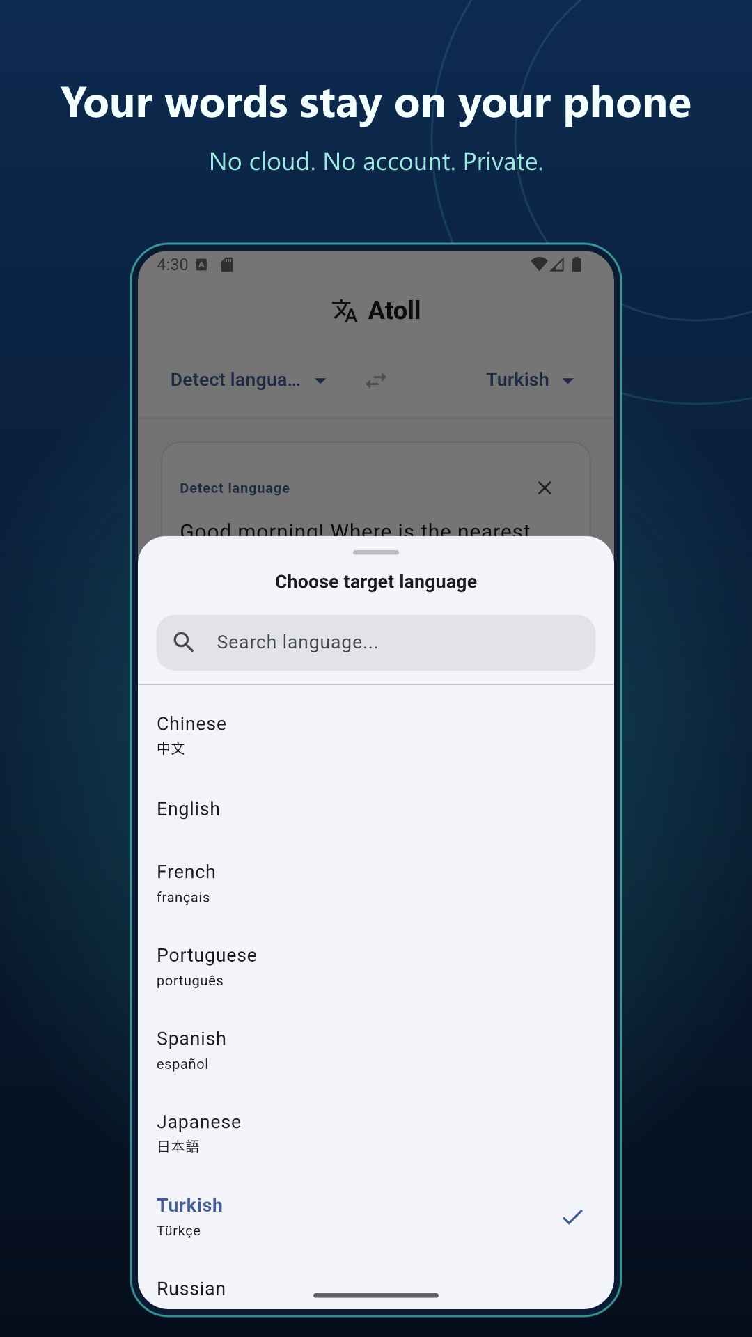 Atoll Android document translation screen showing supported file formats