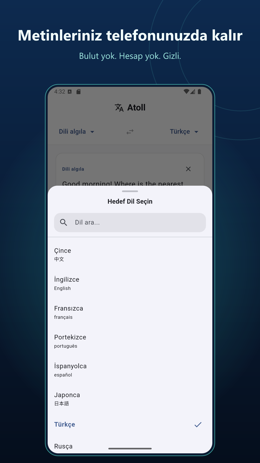 Atoll Android belge çevirisi ekranı ve desteklenen dosya biçimleri